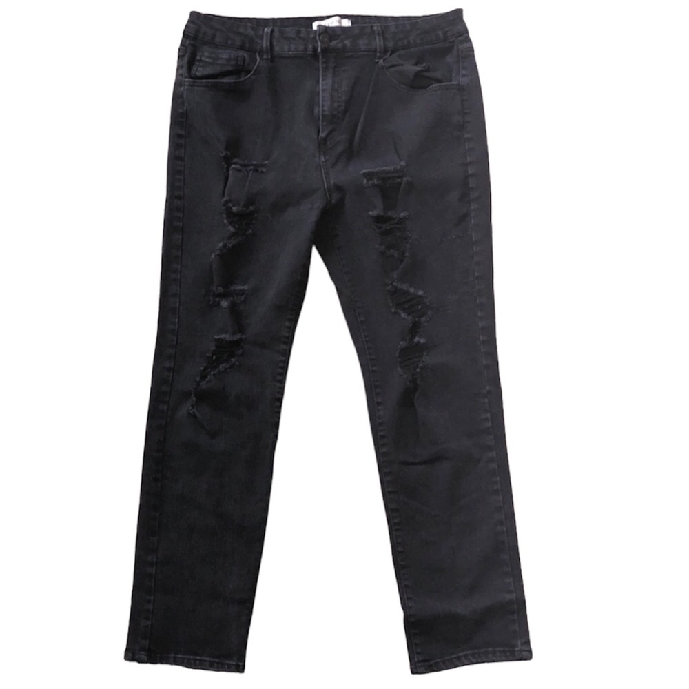 Charcoal gray high-rise distressed jeans